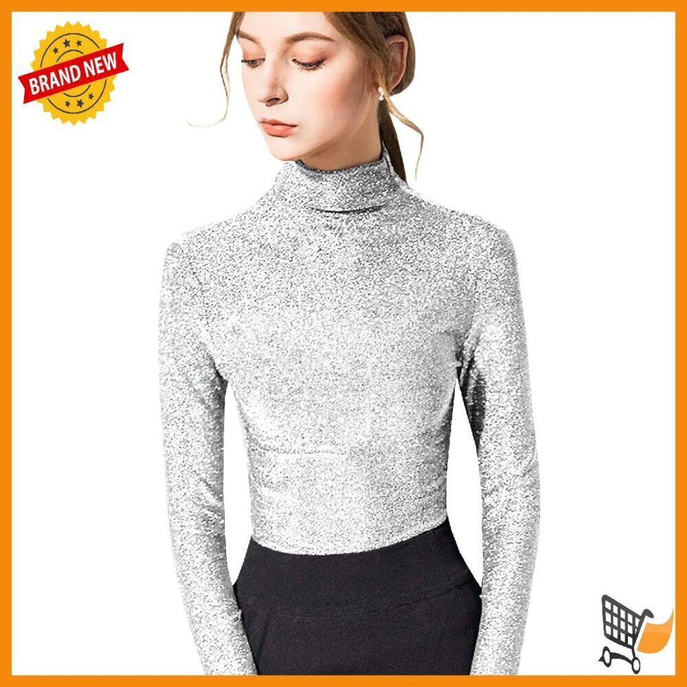 Slim Fit Long Sleeve Turtleneck Glitter Tee Blouse Top